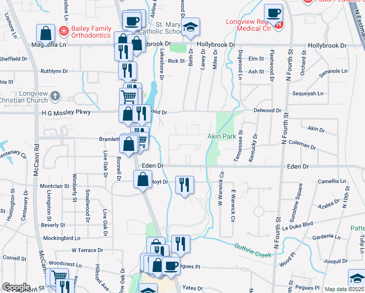 map of restaurants, bars, coffee shops, grocery stores, and more near 310 Tealwood Drive in Longview