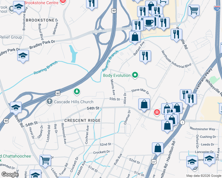 map of restaurants, bars, coffee shops, grocery stores, and more near 5613 Morris Avenue in Columbus