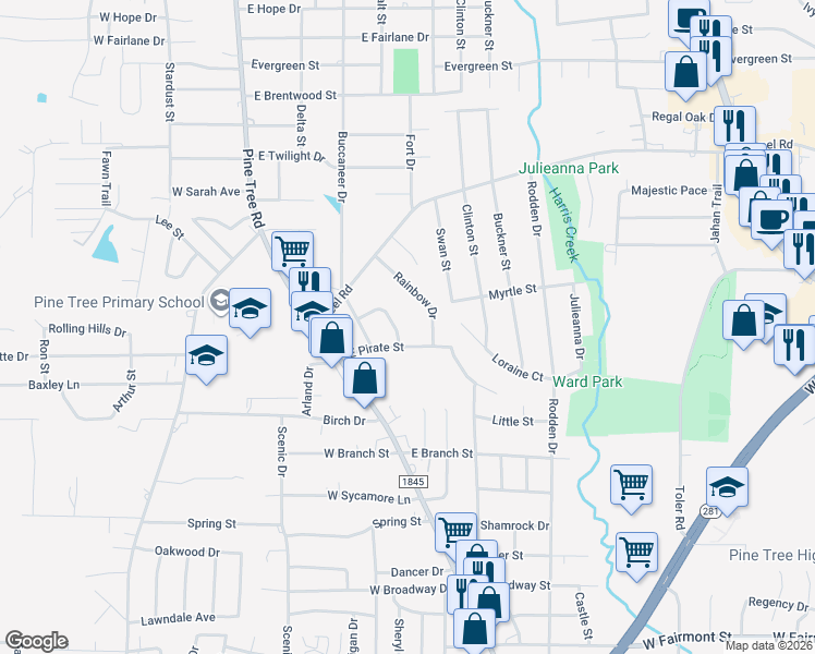 map of restaurants, bars, coffee shops, grocery stores, and more near 1702 Sunbeam Drive in Longview