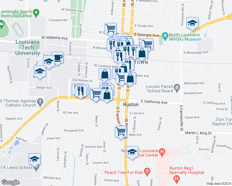 map of restaurants, bars, coffee shops, grocery stores, and more near 203 West Colorado Avenue in Ruston