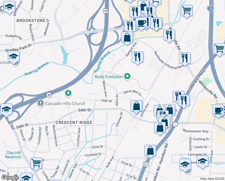 map of restaurants, bars, coffee shops, grocery stores, and more near 5621 Alice Dr in Columbus