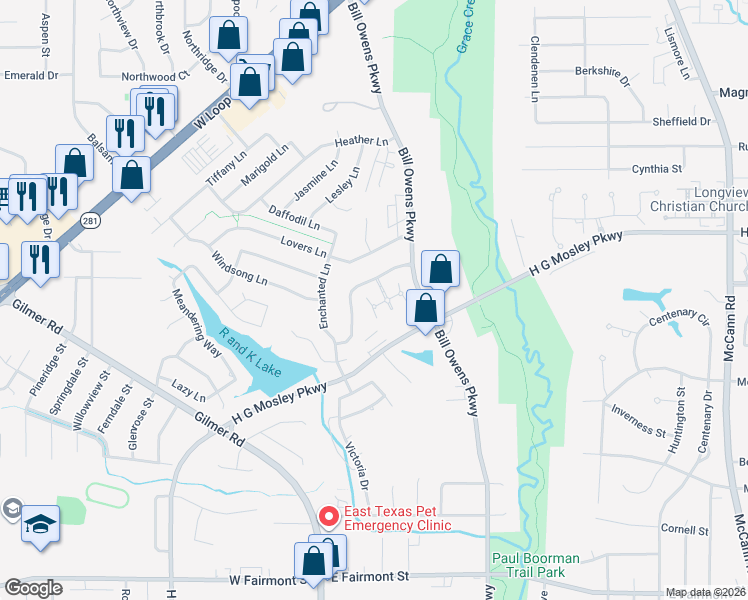 map of restaurants, bars, coffee shops, grocery stores, and more near 1103 Chateau Court in Longview