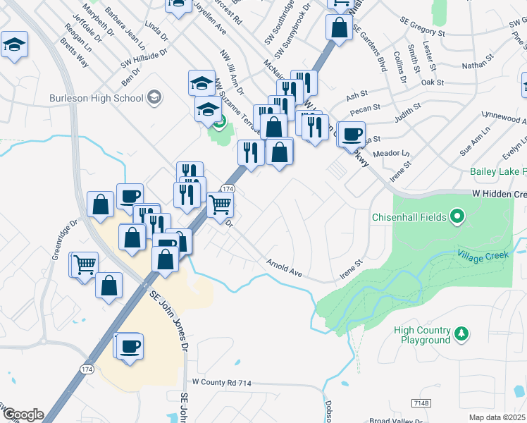 map of restaurants, bars, coffee shops, grocery stores, and more near 298 Vaden Avenue in Burleson