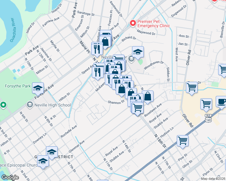 map of restaurants, bars, coffee shops, grocery stores, and more near 1619 N 18th St in Monroe