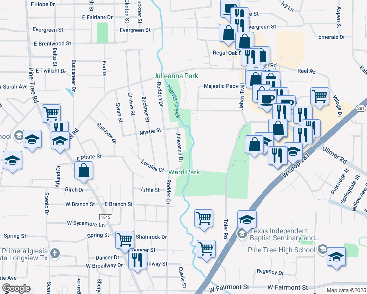 map of restaurants, bars, coffee shops, grocery stores, and more near 1708 Julieanna Drive in Longview