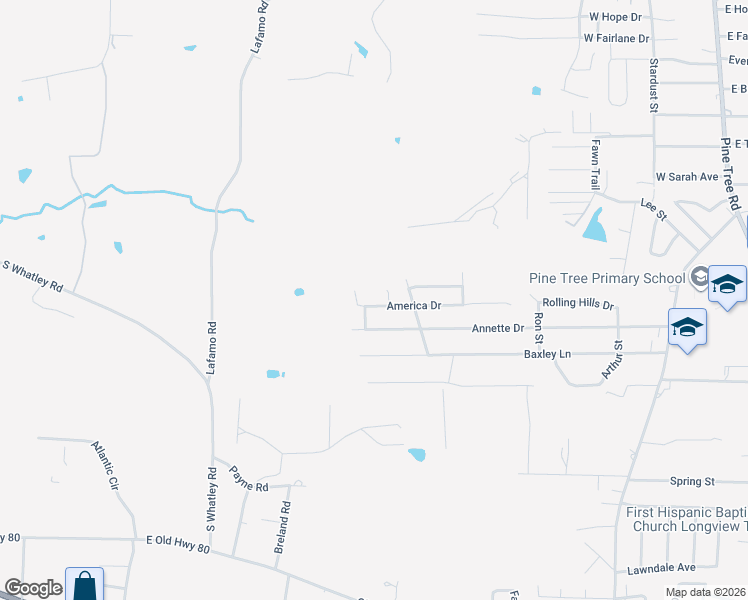 map of restaurants, bars, coffee shops, grocery stores, and more near 1309 America Drive in Longview