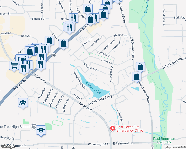 map of restaurants, bars, coffee shops, grocery stores, and more near 1099 Quietshadows Street in Longview