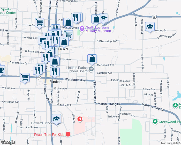 map of restaurants, bars, coffee shops, grocery stores, and more near 410 South Farmerville Street in Ruston
