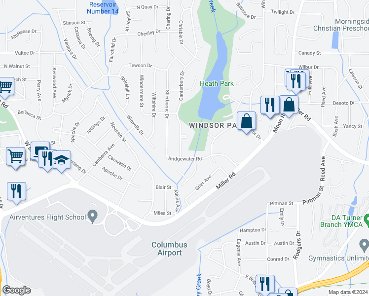 map of restaurants, bars, coffee shops, grocery stores, and more near 5636 Canterbury Drive in Columbus