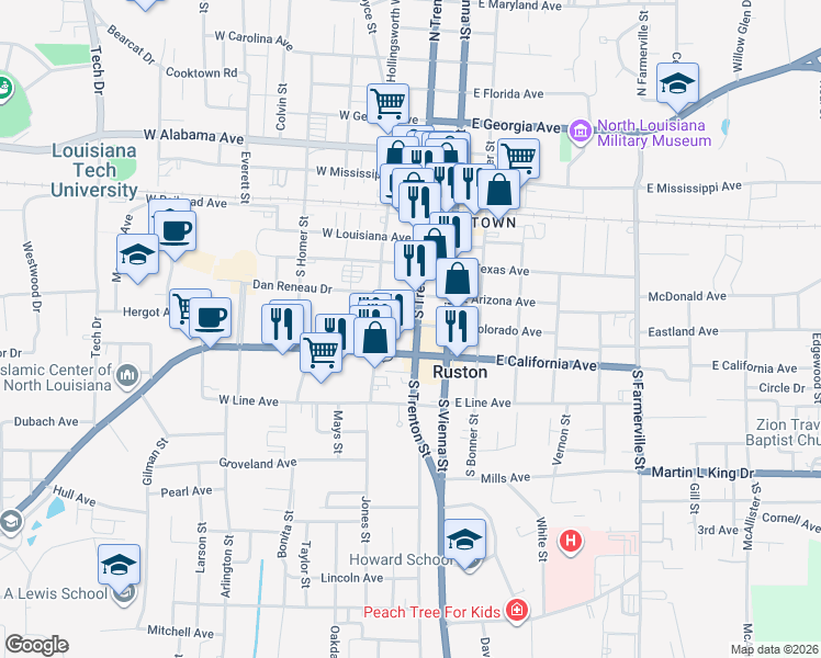 map of restaurants, bars, coffee shops, grocery stores, and more near 203 West Colorado Avenue in Ruston
