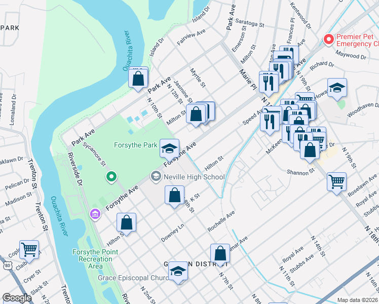map of restaurants, bars, coffee shops, grocery stores, and more near 2098 North 10th Street in Monroe