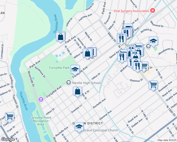 map of restaurants, bars, coffee shops, grocery stores, and more near 1007 Speed Avenue in Monroe