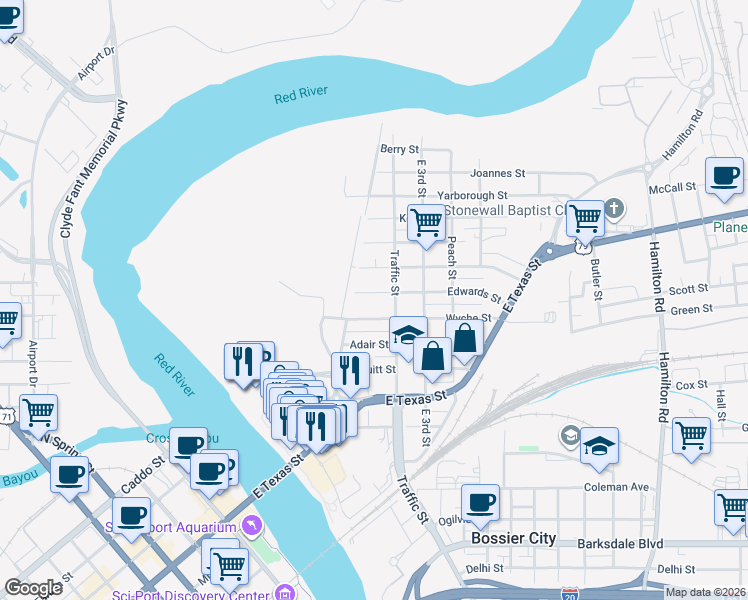 map of restaurants, bars, coffee shops, grocery stores, and more near 218 Edwards Street in Bossier City