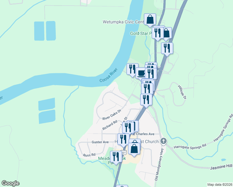 map of restaurants, bars, coffee shops, grocery stores, and more near 610 River Ridge Street in Wetumpka