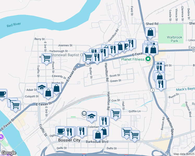 map of restaurants, bars, coffee shops, grocery stores, and more near 1725 Scott Street in Bossier City