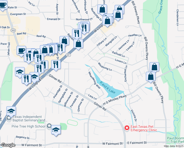 map of restaurants, bars, coffee shops, grocery stores, and more near 1502 Meandering Way in Longview