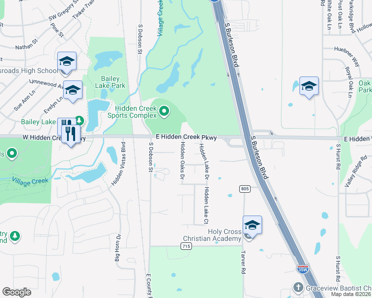 map of restaurants, bars, coffee shops, grocery stores, and more near 919 Hidden Oaks Drive in Burleson