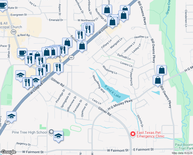 map of restaurants, bars, coffee shops, grocery stores, and more near 1502 Meandering Way in Longview