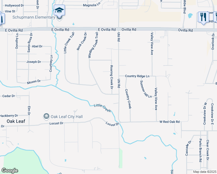 map of restaurants, bars, coffee shops, grocery stores, and more near 510 Winding Creek Trail in Red Oak