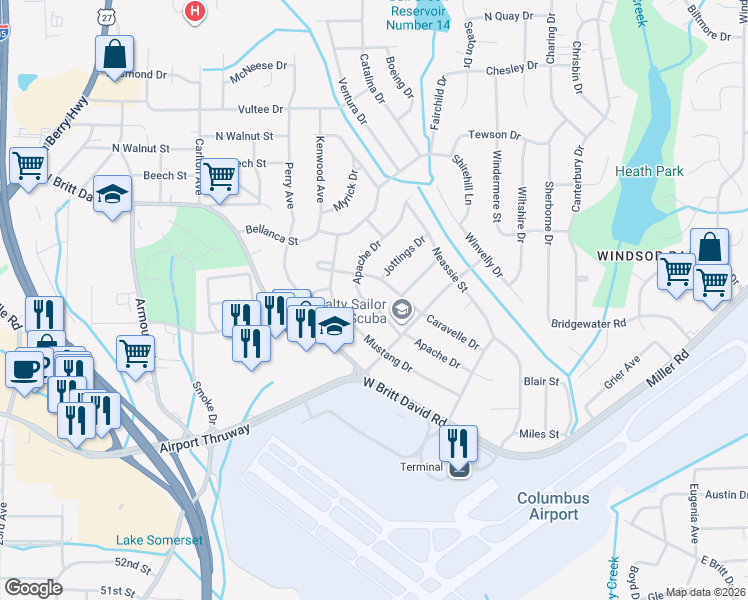 map of restaurants, bars, coffee shops, grocery stores, and more near 3135 Apache Drive in Columbus