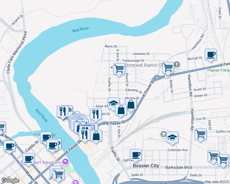 map of restaurants, bars, coffee shops, grocery stores, and more near 316 Edwards Street in Bossier City