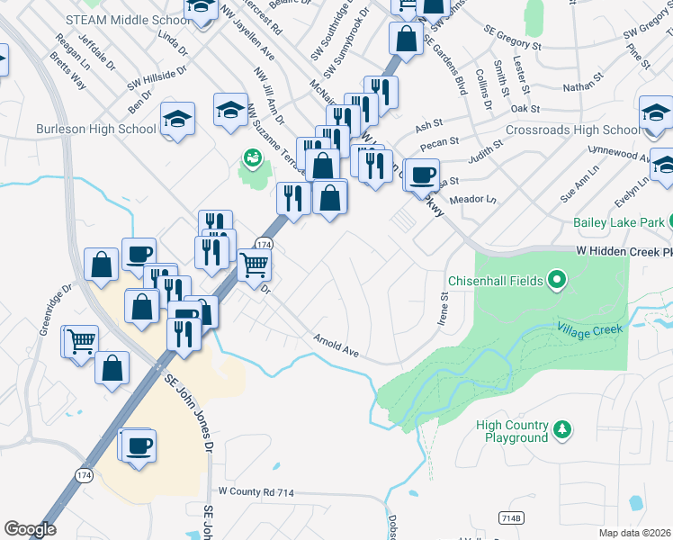 map of restaurants, bars, coffee shops, grocery stores, and more near 1005 Miles Avenue in Burleson