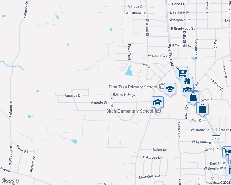 map of restaurants, bars, coffee shops, grocery stores, and more near 1127 Rolling Hills Drive in Longview