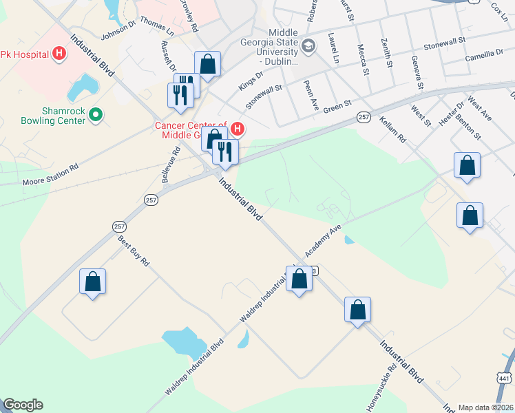 map of restaurants, bars, coffee shops, grocery stores, and more near 507 Industrial Boulevard in Dublin