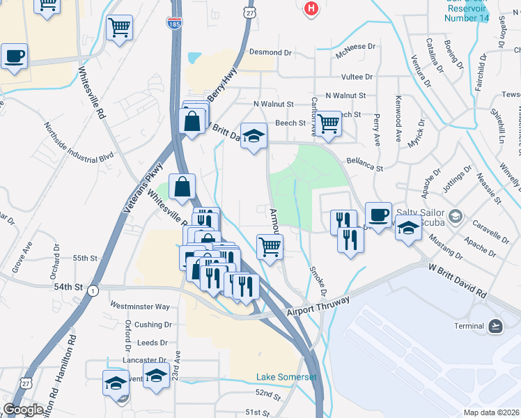 map of restaurants, bars, coffee shops, grocery stores, and more near 5575 Armour Road in Columbus