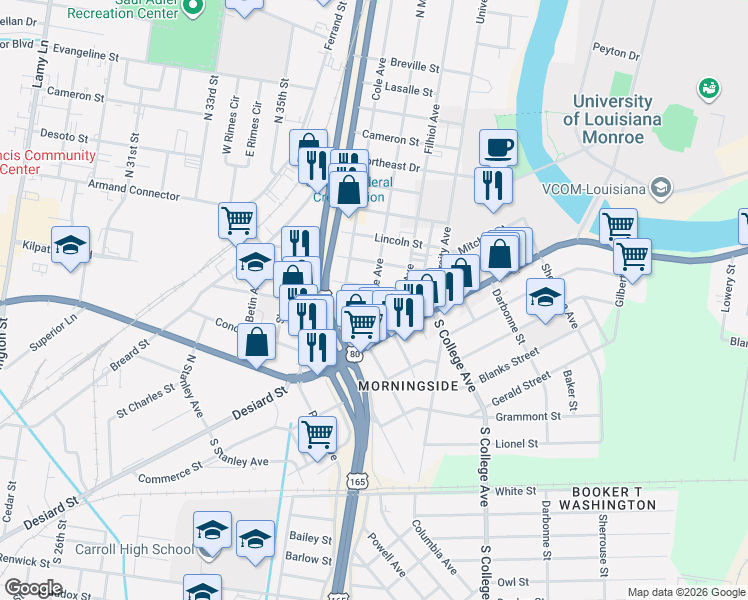 map of restaurants, bars, coffee shops, grocery stores, and more near 200 North McGuire Avenue in Monroe