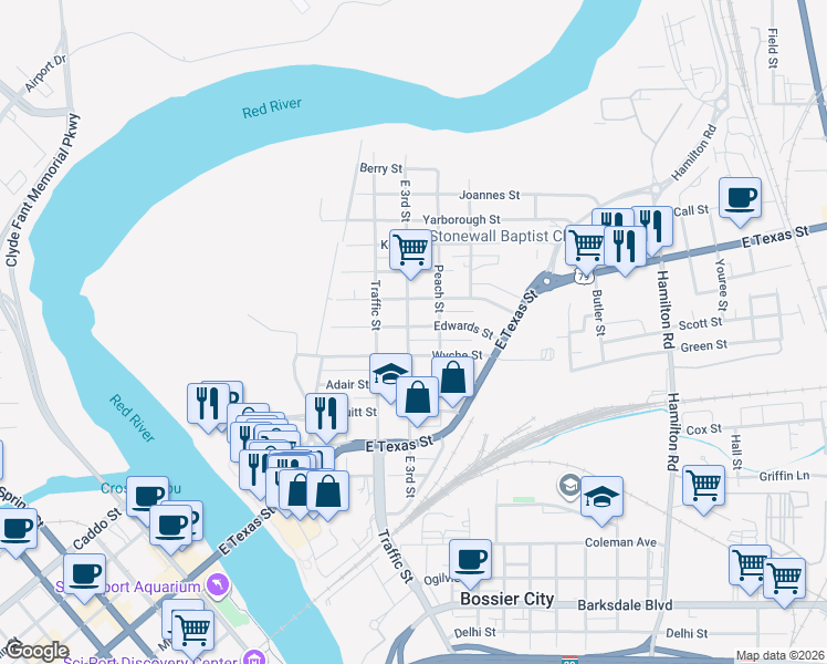 map of restaurants, bars, coffee shops, grocery stores, and more near 420 Edwards Street in Bossier City