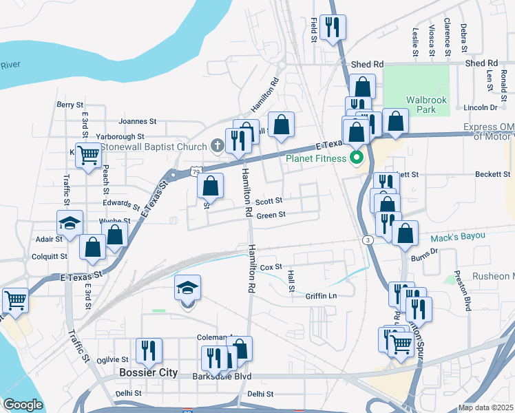 map of restaurants, bars, coffee shops, grocery stores, and more near 639-699 Hamilton Road in Bossier City