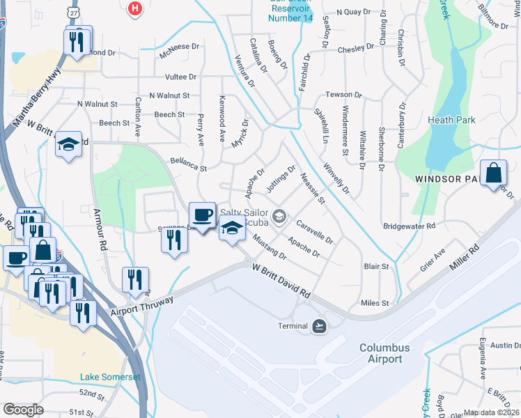 map of restaurants, bars, coffee shops, grocery stores, and more near 3135 Apache Drive in Columbus