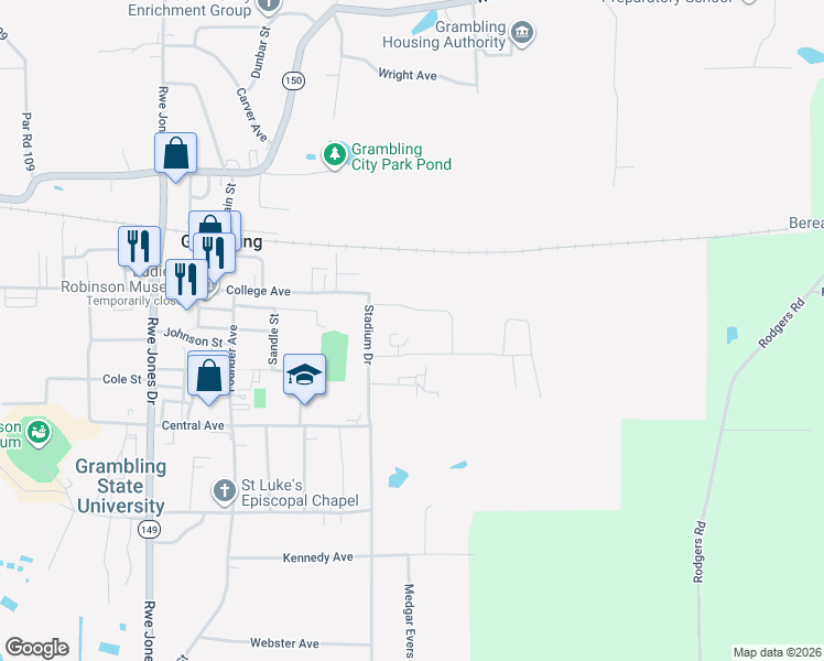 map of restaurants, bars, coffee shops, grocery stores, and more near 141-199 King Street in Grambling