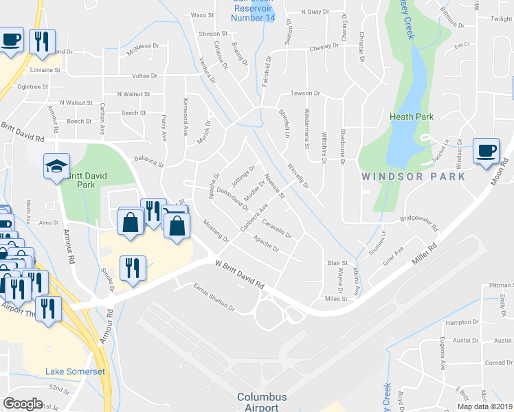 map of restaurants, bars, coffee shops, grocery stores, and more near 5641 Canberra Avenue in Columbus