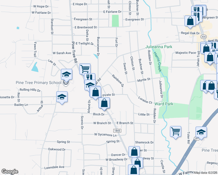 map of restaurants, bars, coffee shops, grocery stores, and more near 1702 Sunbeam Drive in Longview