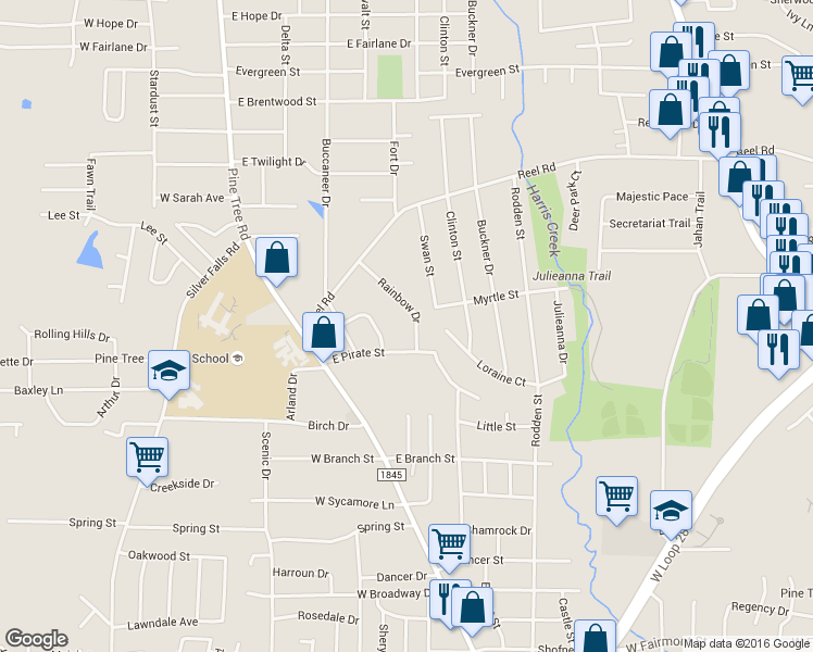 map of restaurants, bars, coffee shops, grocery stores, and more near 1705 Rainbow Drive in Longview