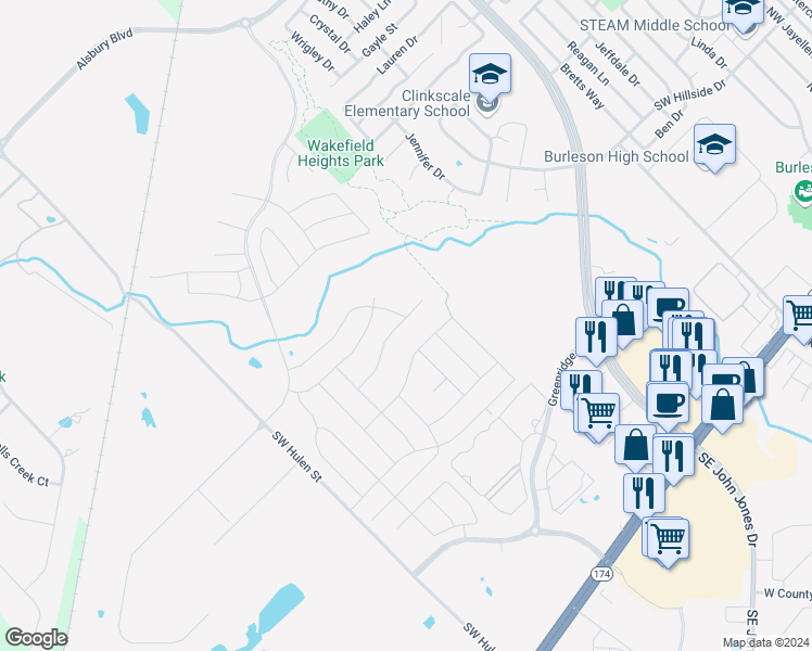 map of restaurants, bars, coffee shops, grocery stores, and more near 1647 Fraser Drive in Burleson