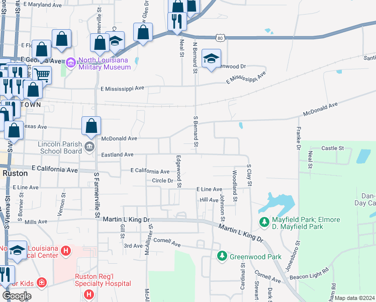 map of restaurants, bars, coffee shops, grocery stores, and more near 1103 Eastland Avenue in Ruston