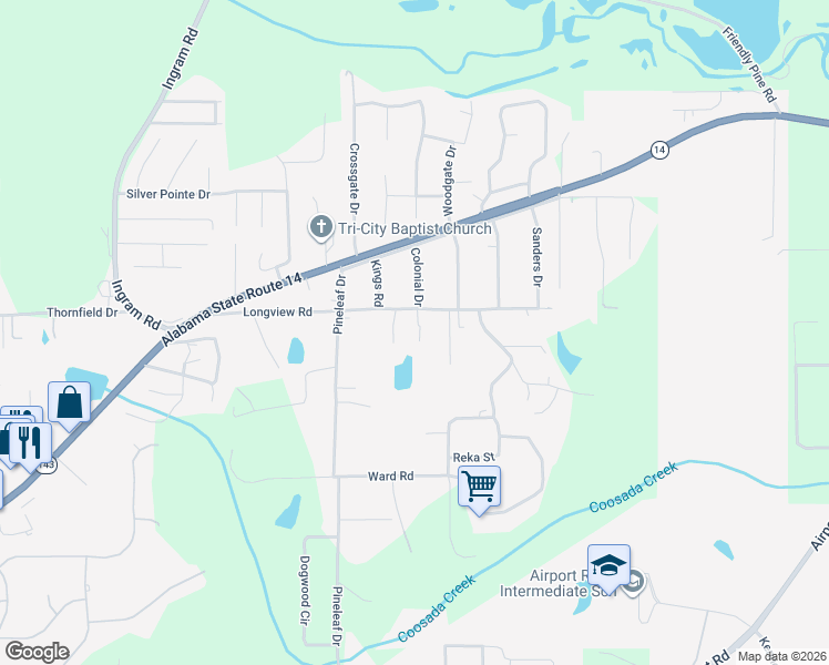 map of restaurants, bars, coffee shops, grocery stores, and more near 4980 Longview Road in Elmore