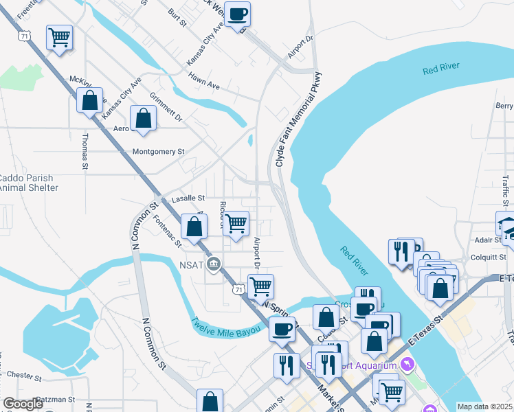 map of restaurants, bars, coffee shops, grocery stores, and more near in Shreveport
