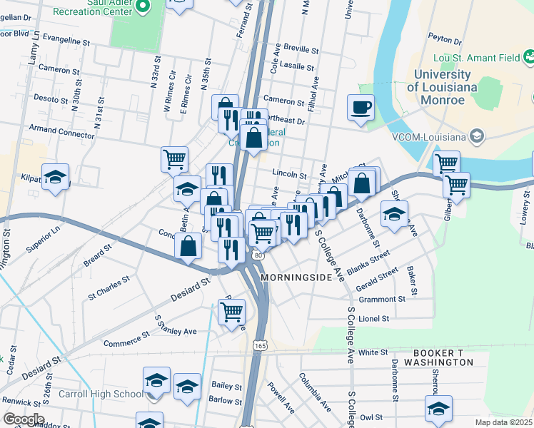 map of restaurants, bars, coffee shops, grocery stores, and more near 200 North McGuire Avenue in Monroe