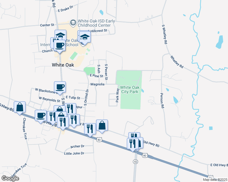map of restaurants, bars, coffee shops, grocery stores, and more near 310 Mockingbird Street in White Oak