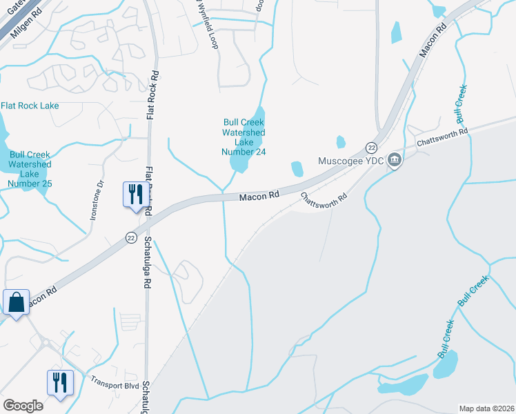 map of restaurants, bars, coffee shops, grocery stores, and more near 7380 Macon Road in Columbus