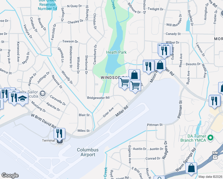 map of restaurants, bars, coffee shops, grocery stores, and more near 3713 Bridgewater Road in Columbus