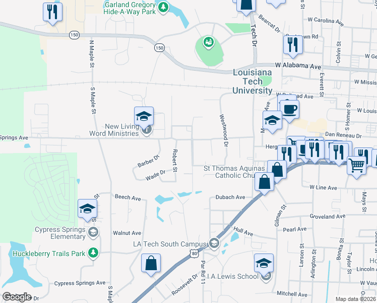 map of restaurants, bars, coffee shops, grocery stores, and more near 502 University Boulevard in Ruston