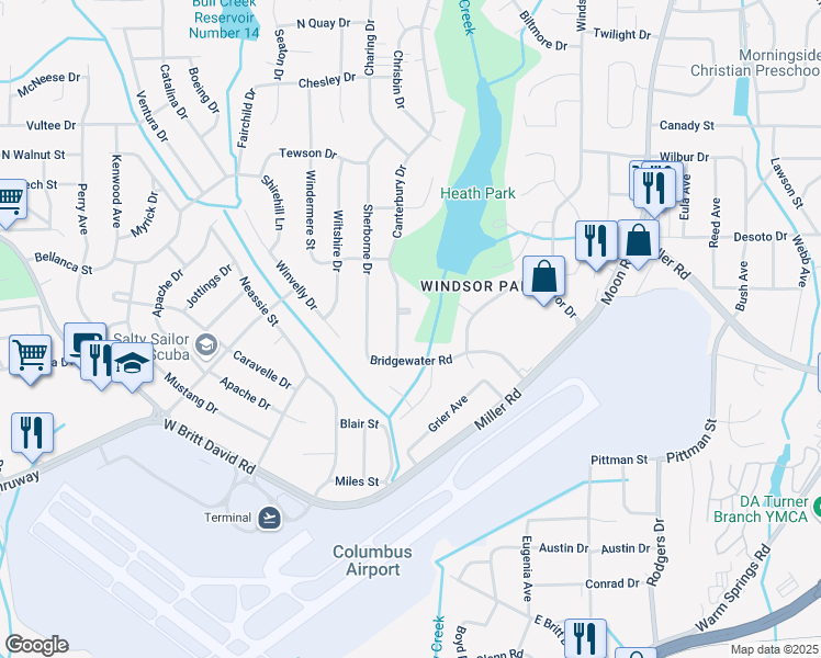 map of restaurants, bars, coffee shops, grocery stores, and more near 5636 Canterbury Drive in Columbus