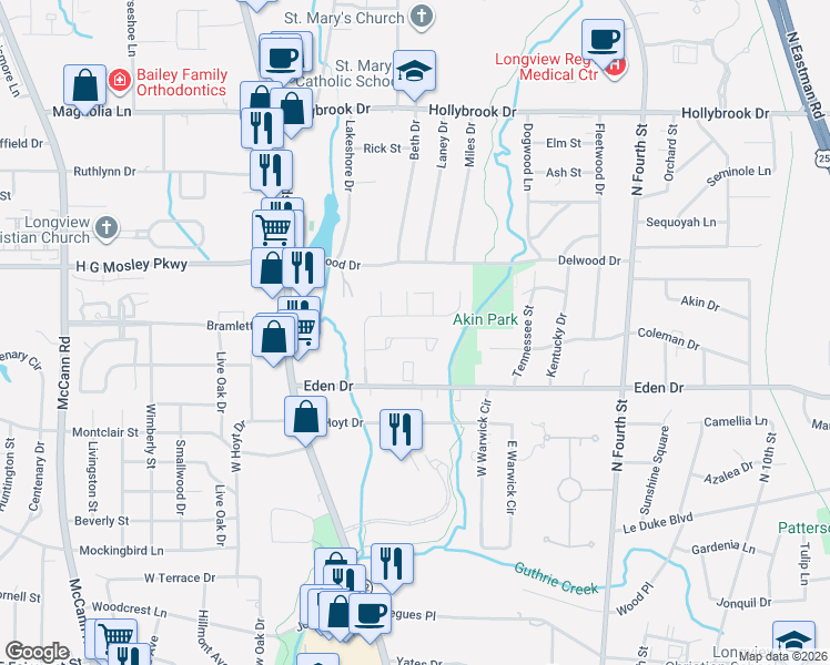 map of restaurants, bars, coffee shops, grocery stores, and more near 326 Tealwood Drive in Longview