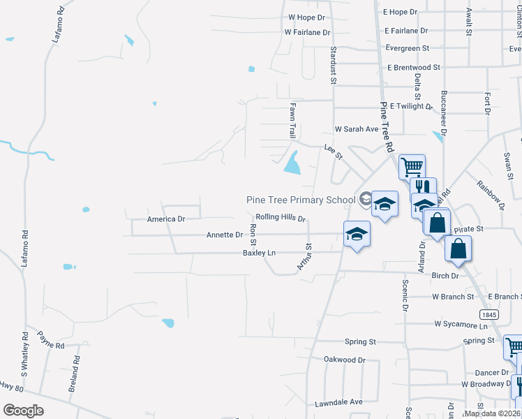 map of restaurants, bars, coffee shops, grocery stores, and more near 1127 Rolling Hills Drive in Longview