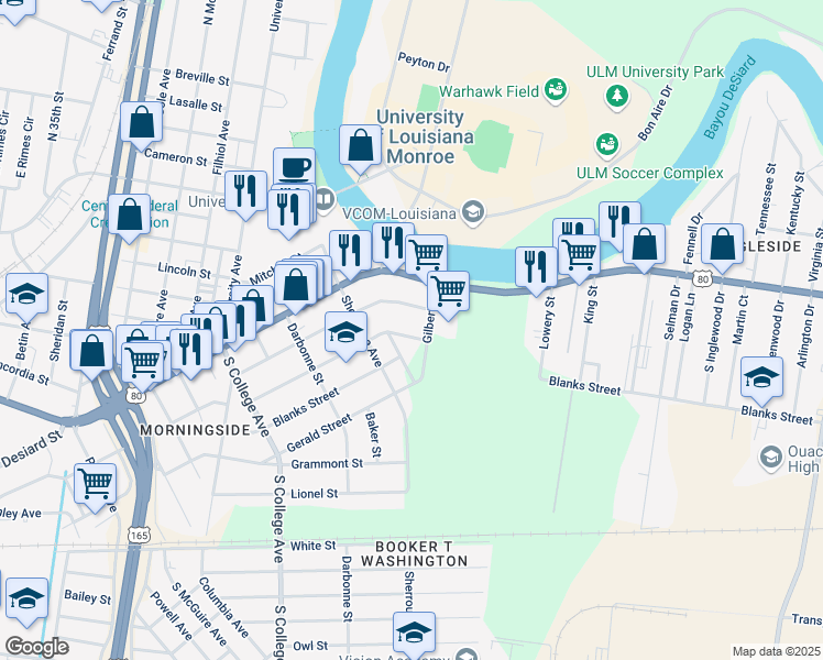 map of restaurants, bars, coffee shops, grocery stores, and more near 4307 Harrison Street in Monroe